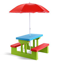 Costzon Kids Picnic Table, Indoor & Outdoor Table and Bench with Removable Umbrella, Portable Picnic Table Bench Set for Toddlers, Great for Garden, Backyard, Patio (Red & Green)