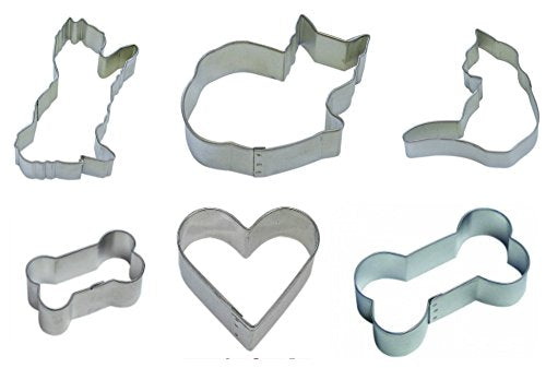 Dog Cat Cookie Cutter Theme Bundle, Set of 6: One 3.5-Inch Dog Bone Cookie Cutter, One 2-Inch Dog Bone Cookie Cutter, One 2-Inch Heart Cookie Cutter, One 3.75-Inch Curled Cat Cookie Cutter, One 4-Inch