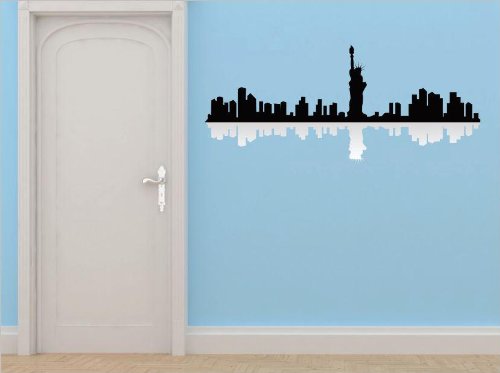 Decals - New York NY Skyline View Beautiful Scene Landmarks, Buildings & Water Bedroom Bathroom Living Room Picture Art Mural - Size 20 Inches X 80 Inches - Vinyl Wall Sticker - 22 Colors Available