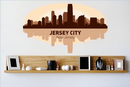 Decals - Jersey City New Jersey NJ Skyline City View Beautiful Scene Landmarks, Buildings & Water Picture Art Mural Size 24 Inches X 48 Inches - Vinyl Wall Sticker - 22 Colors Available