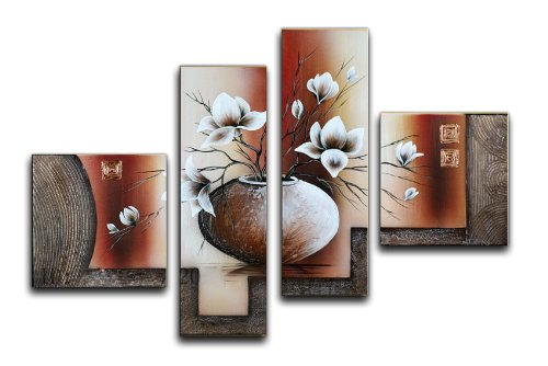 Wieco Art Large Size Decorative Elegant Flowers 4 Panels 100% Hand-Painted Modern Contemporary Artwork Floral Oil Paintings on Canvas Wall Art for Home Decorations Wall Decor L