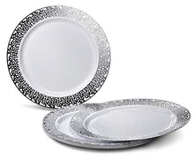 Load image into Gallery viewer, &quot; OCCASIONS&quot; 120 Plates Pack,(60 Guests) Premium Wedding Party Disposable Plastic Plates Set -60 x 10.25&#39;&#39; Dinner + 60 x 7.5&#39;&#39; Salad/Dessert (Florence White/Silver)

