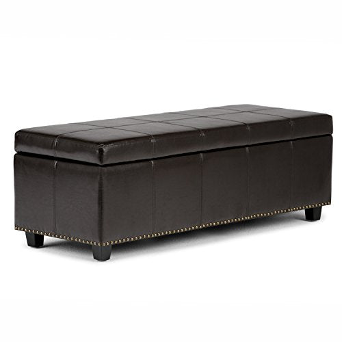 SIMPLIHOME Kingsley 48 inch Wide Transitional Rectangle Lift Top Storage Ottoman in Upholstered Coffee Brown Faux Leather with Large Storage Space for the Living Room, Entryway, Bedroom