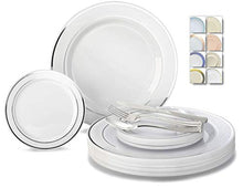 Load image into Gallery viewer, &quot; OCCASIONS &quot; 600 Pcs Set &amp; 120 Guest Wedding Disposable Plastic Plate &amp; Silverware Combo Set (White &amp; Silver Rim plates, Silver Silverware)
