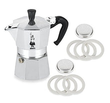 Load image into Gallery viewer, Bialetti Moka Express #06799 3-Cup Espresso Maker Machine and #06960 Bialetti, Six Replacement Gaskets and Two Bialetti Replacement Filter Plates Bundle
