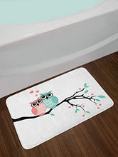 Load image into Gallery viewer, Ambesonne Teal and White Bath Mat, Owl Couple Sitting on Tree Branch Valentines Romance Love, Plush Bathroom Decor Mat with Non Slip Backing, 29.5&quot; X 17.5&quot;, Turquoise Black
