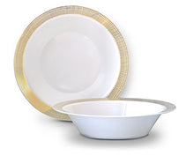 Load image into Gallery viewer, &quot; OCCASIONS&quot; 120 Pieces Plates Pack, Heavyweight Disposable Wedding Party Plastic Bowls (14oz Soup Bowl, Linen in White &amp; Gold)
