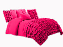 Load image into Gallery viewer, 580 Thread Count 5 Piece Premium Waterfall Half Ruffle Duvet Cover Set with Extra Pillow Shams Queen 100% Egyptian Cotton Hot Pink
