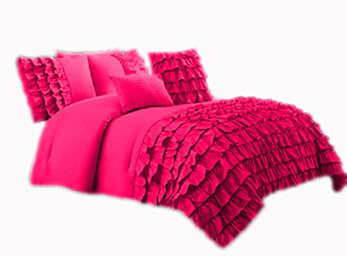 580 Thread Count 5 Piece Premium Waterfall Half Ruffle Duvet Cover Set with Extra Pillow Shams Queen 100% Egyptian Cotton Hot Pink