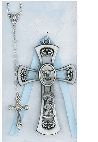 Boy's Baptism Guardian Angel Crib Medallion Cross with Blue Ribbon and Rosary