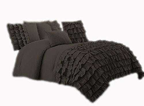 800 Thread Count 5 Piece Premium Waterfall Half Ruffle Duvet Cover Set with Extra Pillow Shams California King 100% Egyptian Cotton Dark Gray