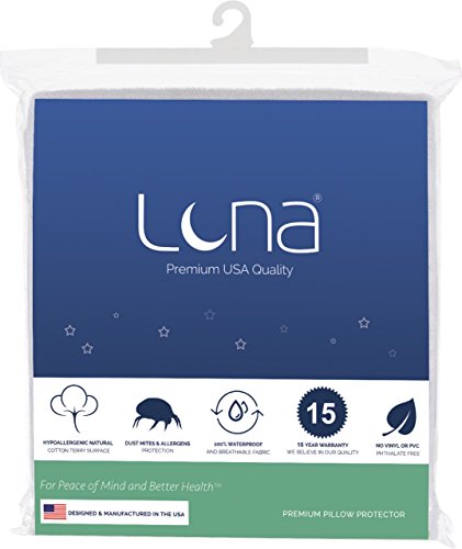 Luna Queen Size Premium Hypoallergenic Bed Bug Proof Zippered Waterproof Pillow Protector (1) - Made in The USA - Vinyl Free