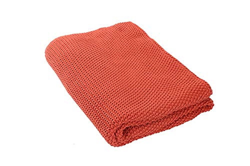 Pluchi Knit & Purl Rust Knitted Throw Blanket Plaid, 100% Cotton, Textured Very Soft Handfeel, Ideal for Sofa, Couch, Armchair, Bed, Travel, Outdoor (130X170 cm, 51X67)