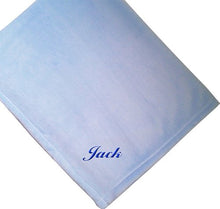 Load image into Gallery viewer, Jack Embroidered Boy Name Personalized Microfleece Satin Trim Blue Baby Blanket
