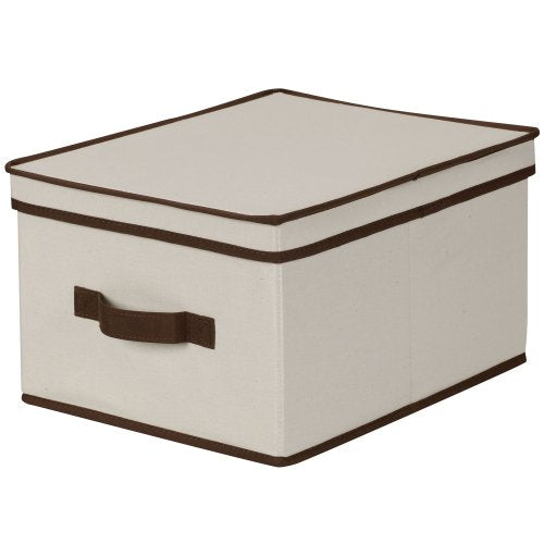 Household Essentials 513 Storage Box with Lid and Handle - Natural Beige Canvas with Brown Trim - Large