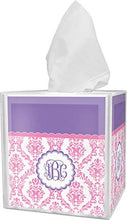 Load image into Gallery viewer, YouCustomizeIt Pink, White &amp; Purple Damask Tissue Box Cover (Personalized)
