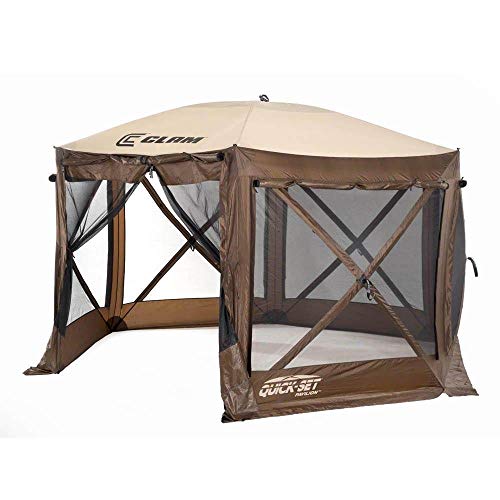 CLAM Quick-Set Pavilion 12.5 x 12.5 Foot Portable Pop-Up Outdoor Camping Gazebo Screen Tent 6 Sided Canopy Shelter w/Ground Stakes & Carry Bag, Brown