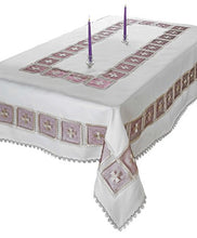 Load image into Gallery viewer, Violet Linen Emerald Flower Lace Tablecloth, 70&quot; X 120&quot;, White
