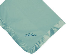 Load image into Gallery viewer, Asher Embroidered Boy Name Embroidery Microfleece Satin Trim Blue Baby Blanket
