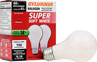 SYLVANIA Halogen Dimmable Lamp / Replacing A19 60W Halogen Bulb Super Soft White / Medium Base E26 / 43 Watt / 2900 K  warm white, 2 Pack