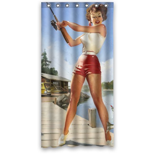 FUNNY KIDS' HOME Amercan Sexy Pin-up Girl Fishing Bathroom Shower Curtain - Vintage Retro Body Art Work Canvas Painting Style Waterproof Polyester Fabric 36(w) x72(h) Rings Included