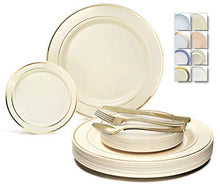 Load image into Gallery viewer, &quot; OCCASIONS &quot; 300 Pcs Set &amp; 60 Guest Wedding Disposable Plastic Plate &amp; Silverware Combo Set (Ivory &amp; Gold Rim plates, Gold Silverware)
