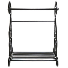 Load image into Gallery viewer, MyGift Black Metal Paper Towel Holder Stand and Slatted Condiment Shelf Rack with Decorative Scrollwork Design
