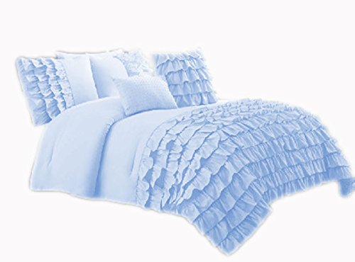 580 Thread Count 5 Piece Premium Waterfall Half Ruffle Duvet Cover Set with Extra Pillow Shams Queen 100% Egyptian Cotton Light Blue