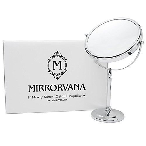 Mirrorvana Large 8-Inch Magnifying Makeup Mirror ~ Double Sided Strong 10X and 1X Magnification ~ 15-Inch Height, Chrome Finish