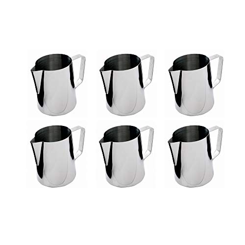 (Set of 6) 12-Ounce Milk Frothing Pitcher, Stainless Steel Milk Steaming Pitcher for Espresso Machine, Latte Art