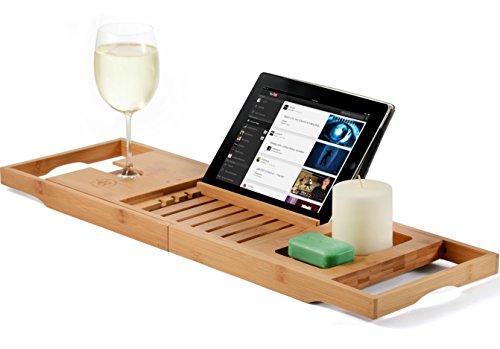 Premium Bamboo Bathtub Tray Caddy - Wood Bath Tray Expandable with Book and Wine Holder - Gift Idea for Loved Ones