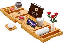 Load image into Gallery viewer, Luxury Bathtub Caddy Tray, 1 or 2 Person Bath and Bed Tray, Bamboo Bathtub Tray Expandable, Bath Tub Table Caddy with Extending Sides - Free Soap Dish
