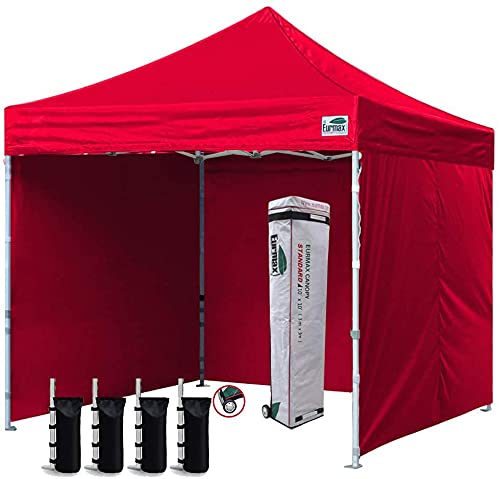 Eurmax 10'x10' Ez Pop-up Canopy Tent Commercial Instant Canopies with 4 Removable Zipper End Side Walls and Roller Bag, Bonus 4 SandBags(Red)