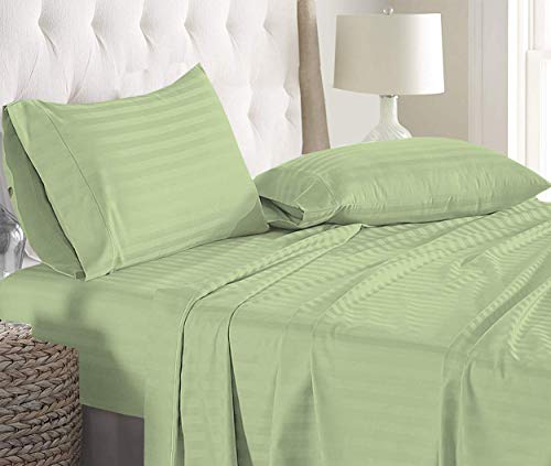 Dreamz Bedding- 450-Thread-Count Egyptian Cotton Bed Sheet Set 18 Inch Extra Deep Pocket California King/Western King/King-Cal King Waterbed Size, Sage Green Striped 450TC 100% Cotton Sheet Set