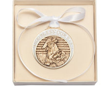 Load image into Gallery viewer, Gold Oxide Baby in Manger Crib Medal with White Ribbon - Boxed
