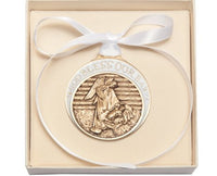 Gold Oxide Baby in Manger Crib Medal with White Ribbon - Boxed