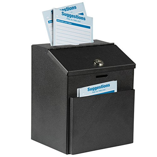 Adir Wall Mountable Steel Suggestion Box with Lock - Donation Box - Collection Box - Ballot Box - Key Drop Box (Black) with 25 Free Suggestion Cards