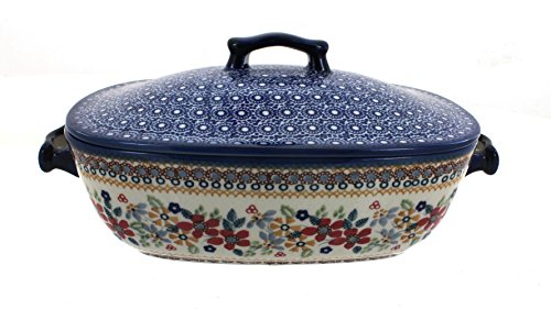 Blue Rose Polish Pottery Red Daisy Roaster with Lid