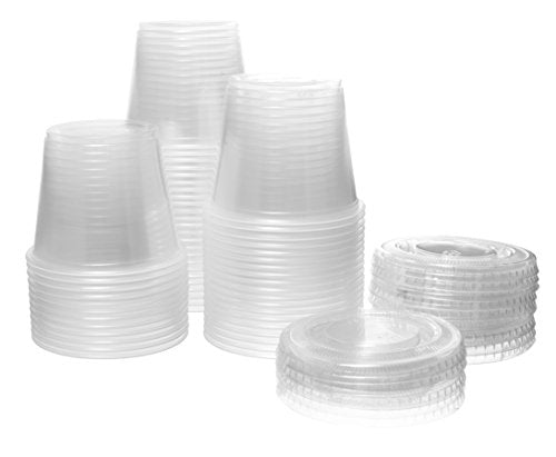 Crystalware (4 oz. 100 Sets) Disposable Plastic Portion Cups with Lids, Condiment Cups, Jello Shot, Souffle Portion, Sampling Cups - Clear