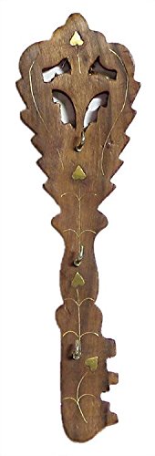 DollsofIndia Brass Inlay on Wood Carving Key with 3 Key Hooks - 11x3.5x0.5 in. (HH93)