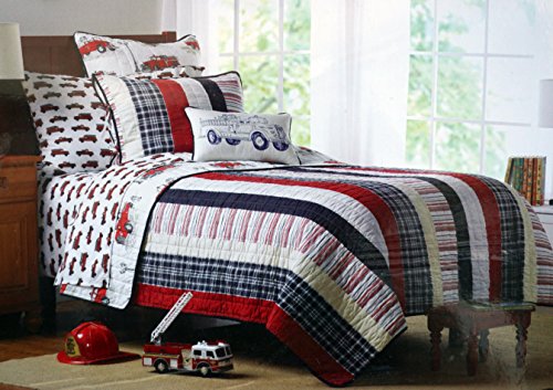 Authentic Kids Twin Quilt Set Shams Red White Blue Patchwork Plaid Stripes Pattern