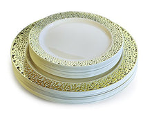 Load image into Gallery viewer, &quot; OCCASIONS&quot; 120 Plates Pack,(60 Guests) Premium Wedding Party Disposable Plastic Plates Set -60 x 10.25&#39;&#39; Dinner + 60 x 7.5&#39;&#39; Salad/Dessert (Florence Ivory/Gold)
