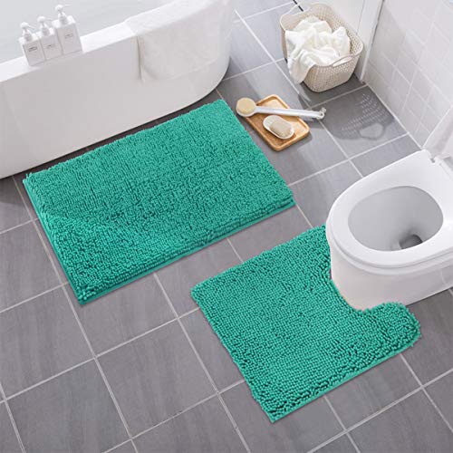 MAYSHINE Bathroom Rug Toilet Sets and Shaggy Non Slip Machine Washable Soft Microfiber Bath Contour Mat (Turquoise, 32x20 / 20x20 Inches U-Shaped)