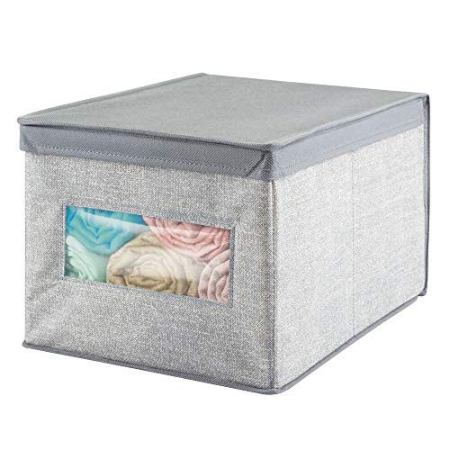 mDesign Soft Fabric Stackable Closet Storage Organizer Holder Box Bin with Clear Window, Attached Hinged Lid - Bedroom, Hallway, Entryway, Closet, Bathroom - Textured Print, Large - Gray