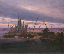 Load image into Gallery viewer, Ships in the harbor at night (after sunset) by Caspar David Friedrich. 100% Hand Painted. Oil On Canvas. High Quality Reproduction (Unframed and Unstretched). Painting Size 52x44 inch.
