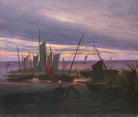 Ships in the harbor at night (after sunset) by Caspar David Friedrich. 100% Hand Painted. Oil On Canvas. High Quality Reproduction (Unframed and Unstretched). Painting Size 52x44 inch.