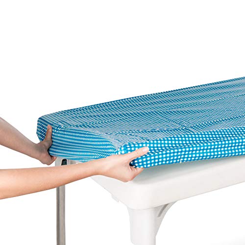 TopTableCloth Picnic Table Cover Blue Checkered Elastic Table Cloth on The Corner for Folding Table 6ft 30