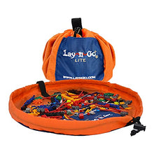 Load image into Gallery viewer, Lay-n-Go 2-in-1 Small Portable Drawstring Toys Storage Organizer and Play Mat for Room and Travel, Made for Kids and Toddlers with a Durable Patented Design, 18 inch, Orange/Blue
