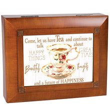 Load image into Gallery viewer, Let Us Have Tea Talk Happy Times Woodgrain Embossed Tea Storage Jewelry Box
