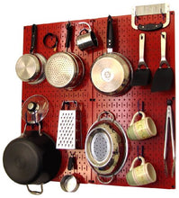Load image into Gallery viewer, Wall Control Kitchen Pegboard Organizer Pots and Pans Pegboard Pack Storage and Organization Kit with Red Pegboard and Blue Accessories
